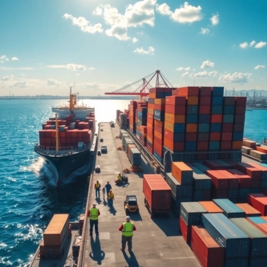 sea freight port large cargo ships docked at the harbor containers stacked high