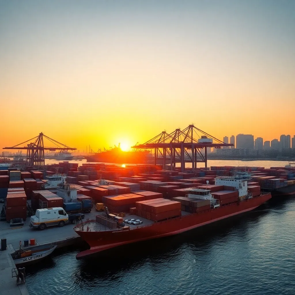 shipping port in China at sunse argo ships docked by the pier Workers load and unload containers as cranes tower overhead