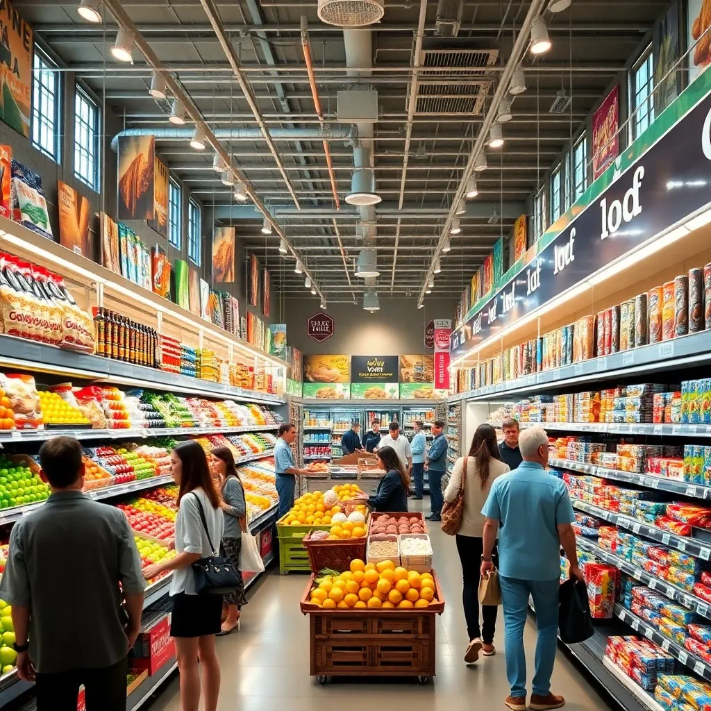 supermarket interior products on neatly organized shelves