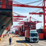 the Port of Shanghai featuring busy cargo ships and containers being loaded and unloaded