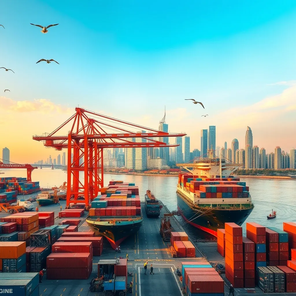 the bustling port of Guangzhou, showcasing container ships being loaded and unloaded