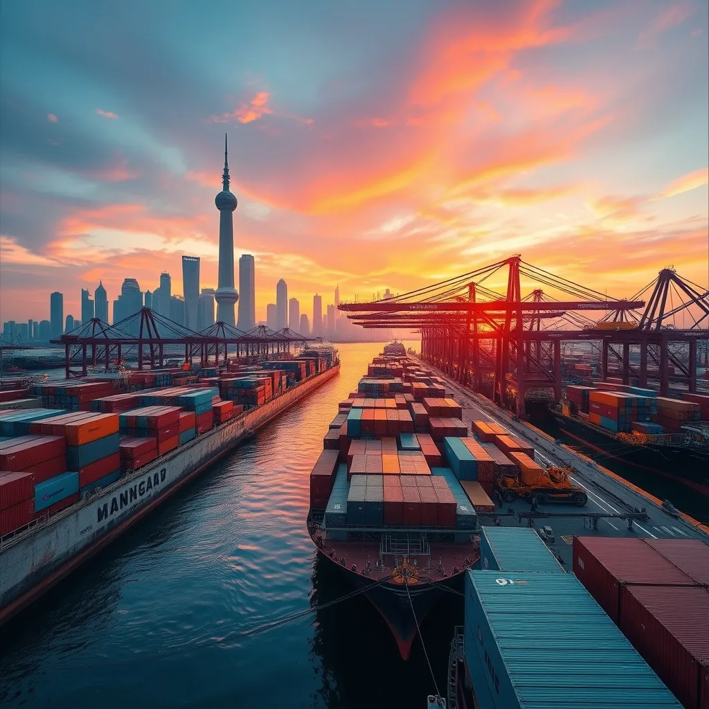 the bustling port of Shanghai at sunset, showcasing container ships docked along the waterfront