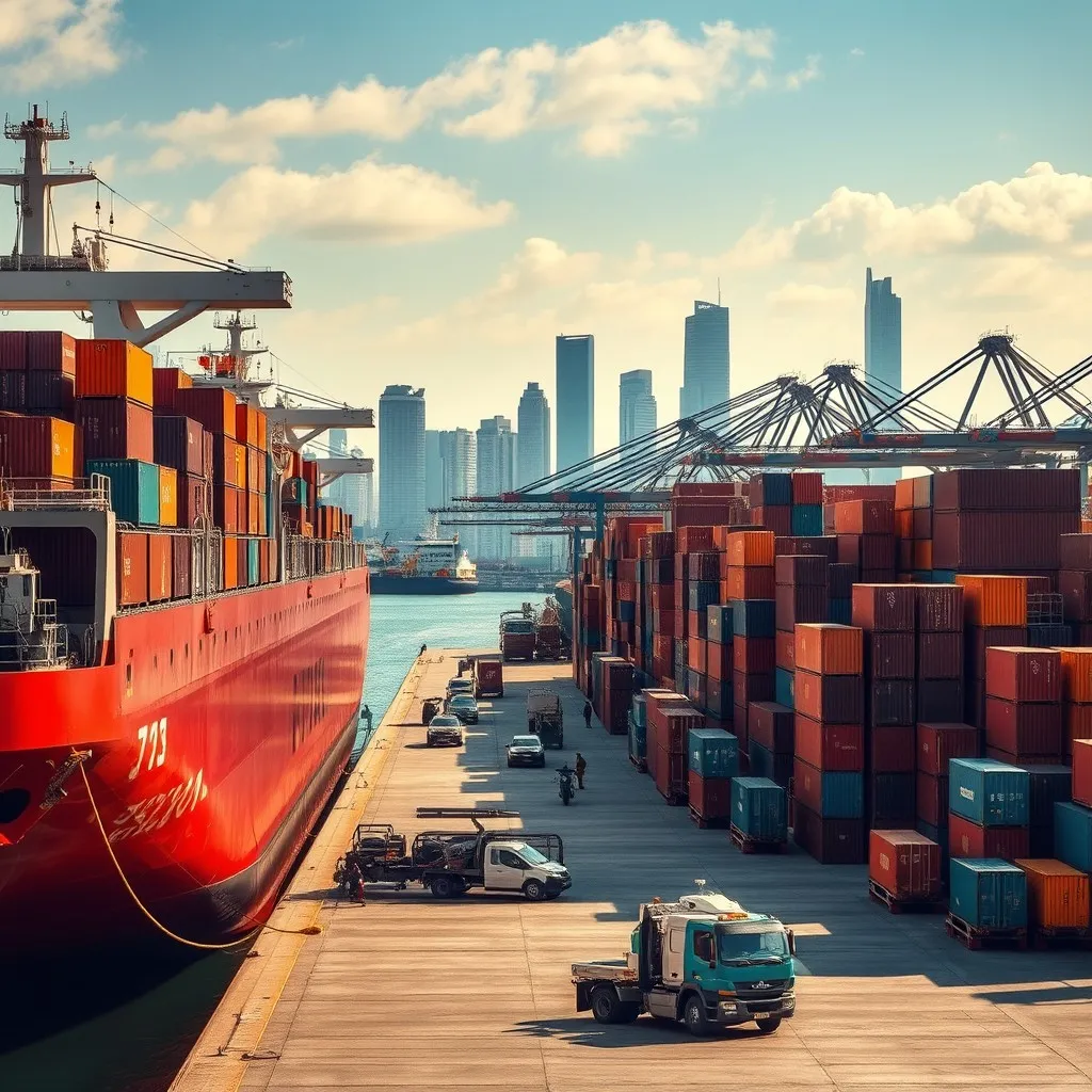 the bustling port of Xiamen, Fujian province. Showcase large cargo ships docked at the harbor