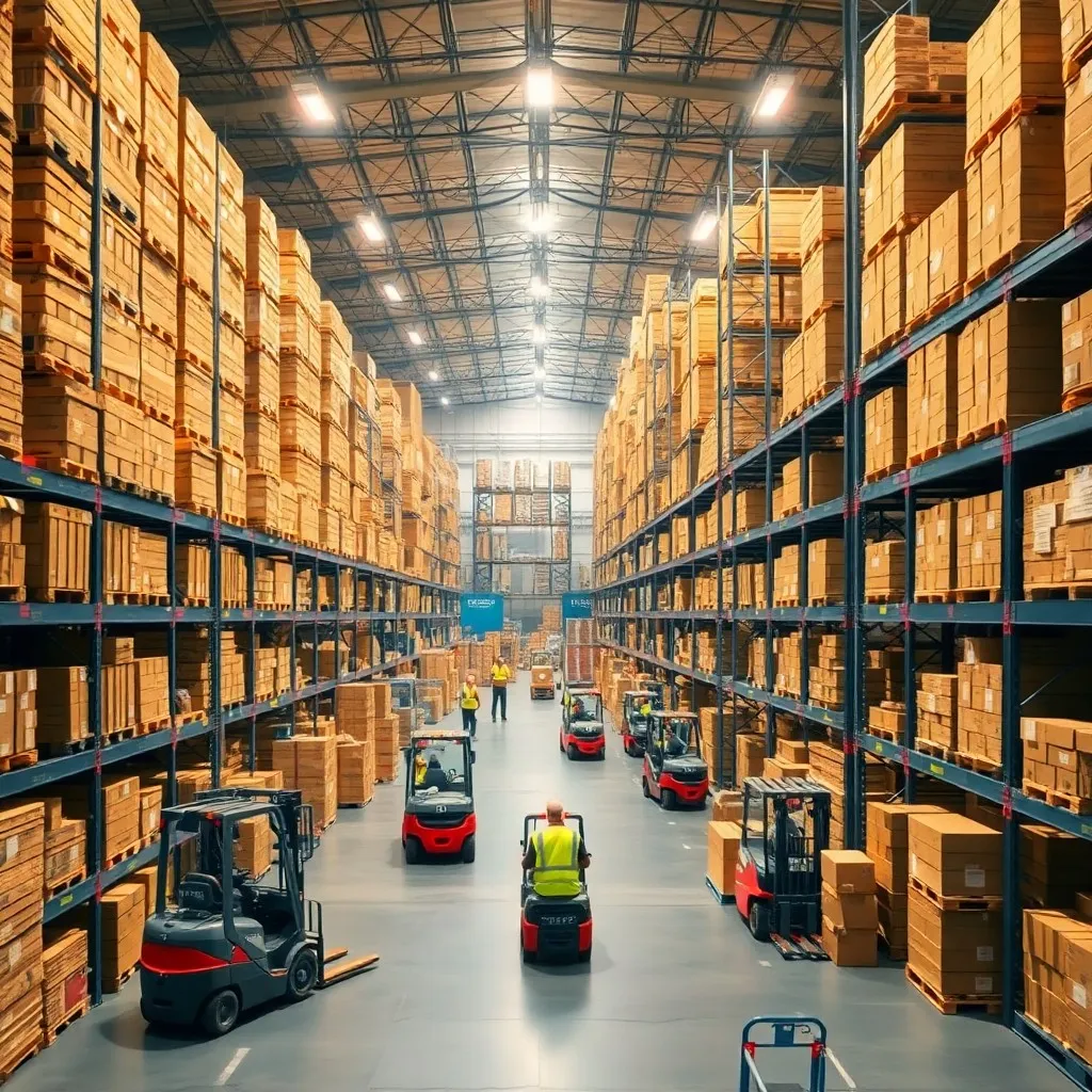 warehouse and distribution center stacked pallets and boxes in various sizes