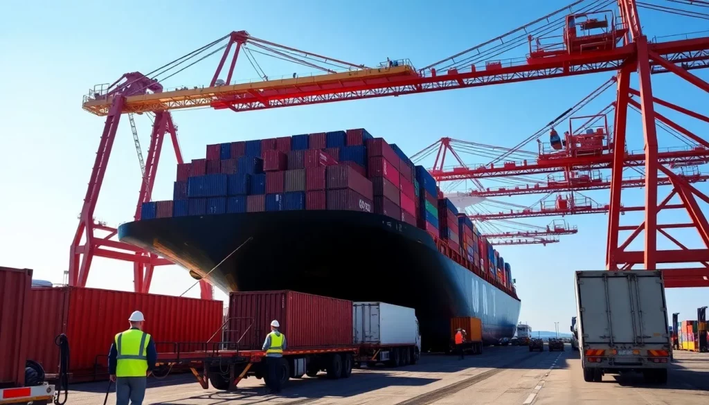 freight forwarder is orchestrating the loading of cargo onto a massive container ship